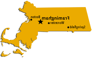 Massachusetts map showing Framingham relative to Boston, Worcester, and Springfield